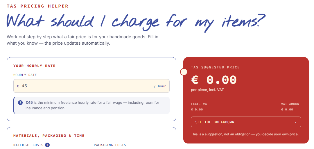 Screenshot of pricing calculator handmade goods
