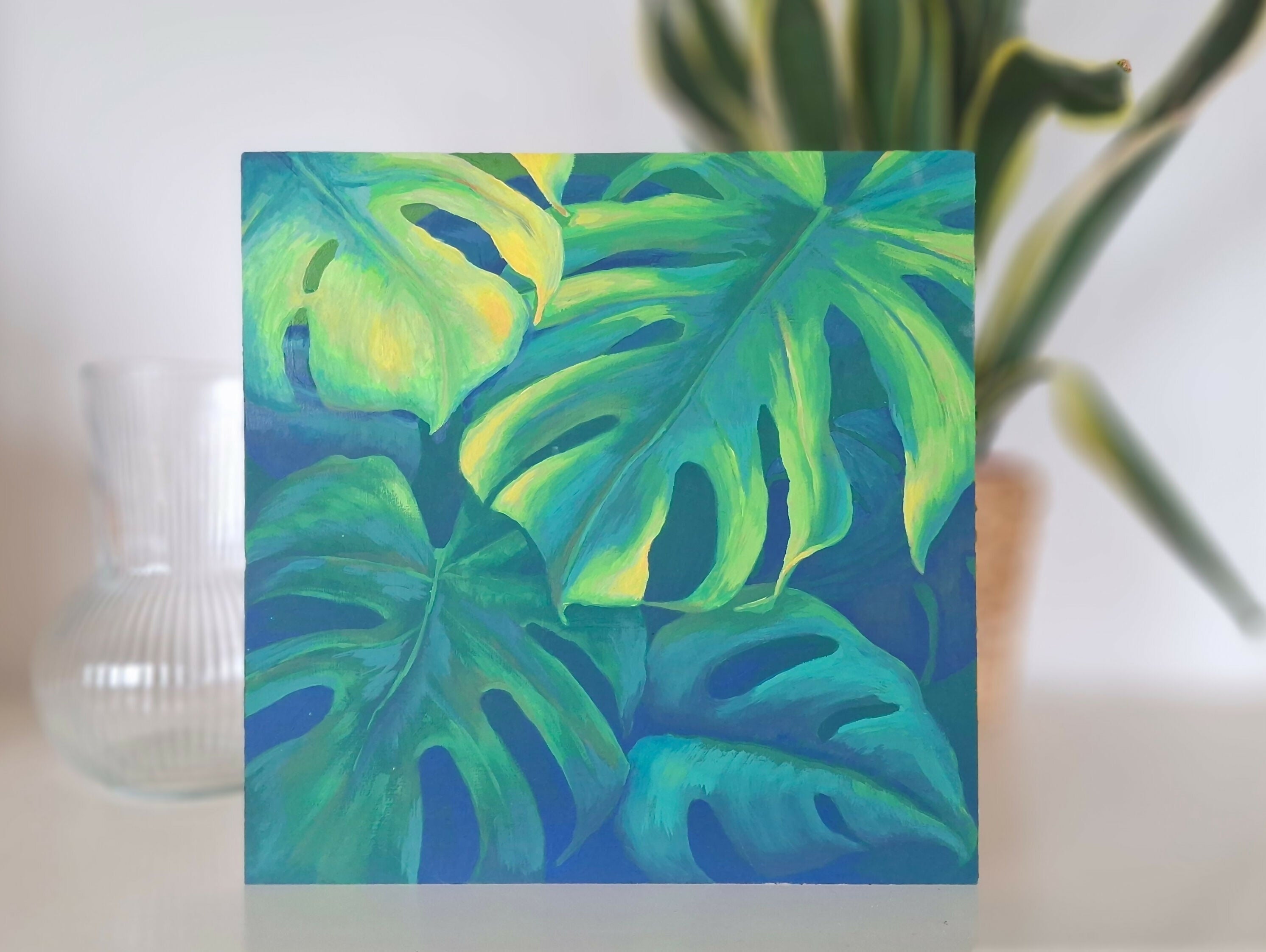 Kleurrijk Monstera Schilderij op Hout