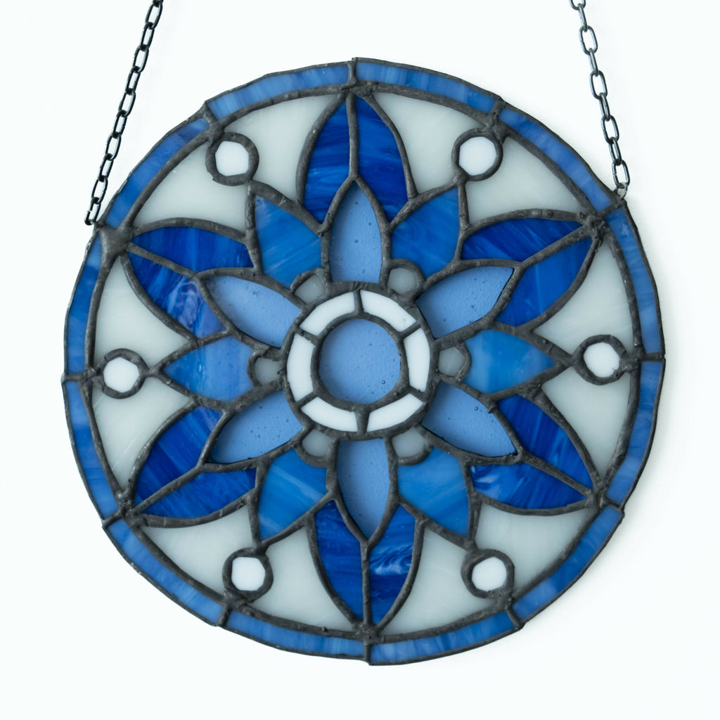Glas-in-lood mandala blauw/wit